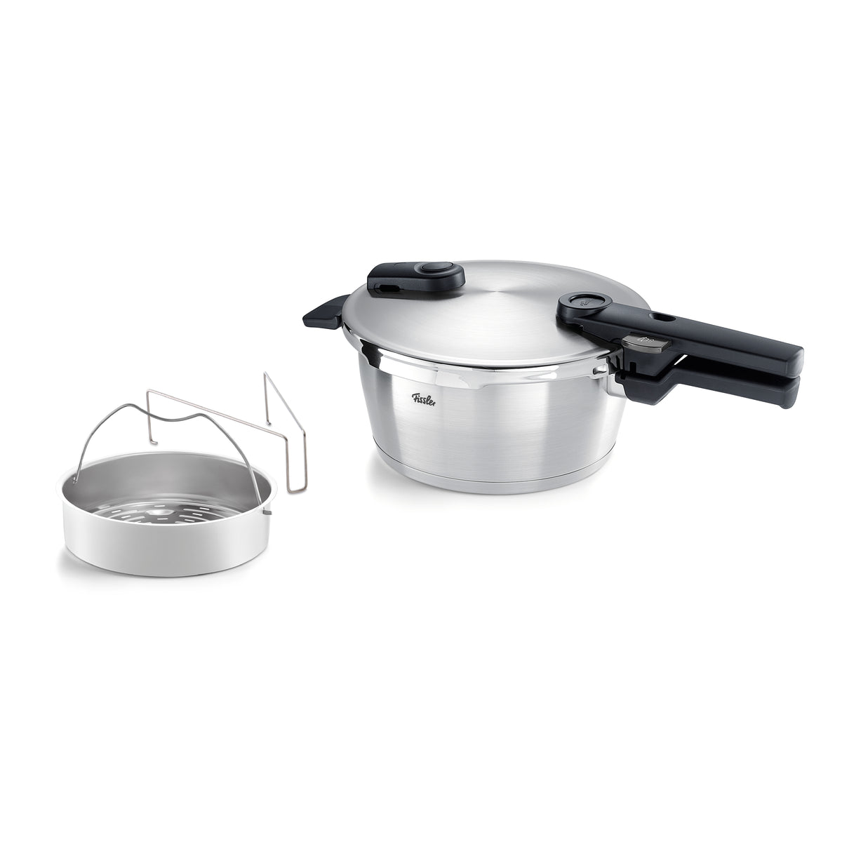 Fissler Vitaquick® Premium Schnellkochtopf aus Edelstahl mit schwarzem Griff und Dämpfeinsatz, Präzisionsfertigung in Deutschland.