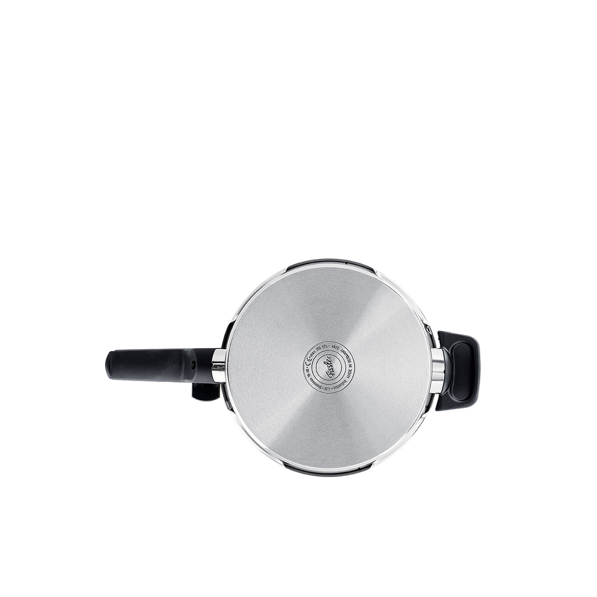 Top view of the Fissler Vitaquick® Premium stainless steel pressure cooker with black handles, showcasing German precision and design.