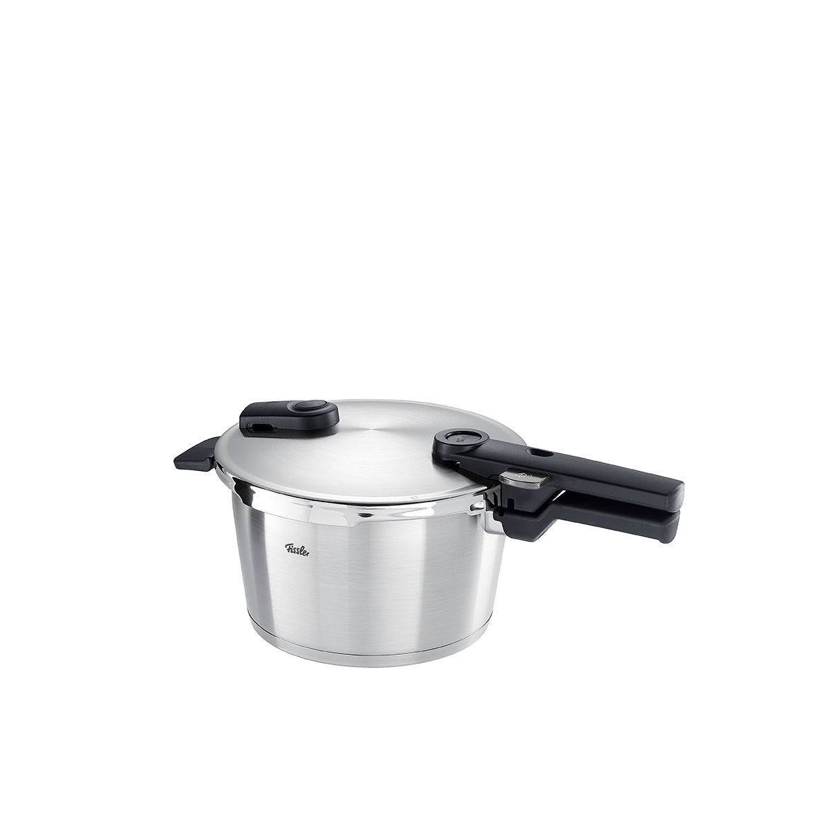 The Fissler Vitaquick® Premium pressure cooker - a modern stainless steel pressure cooker with a black handle and lid. Made in Germany.