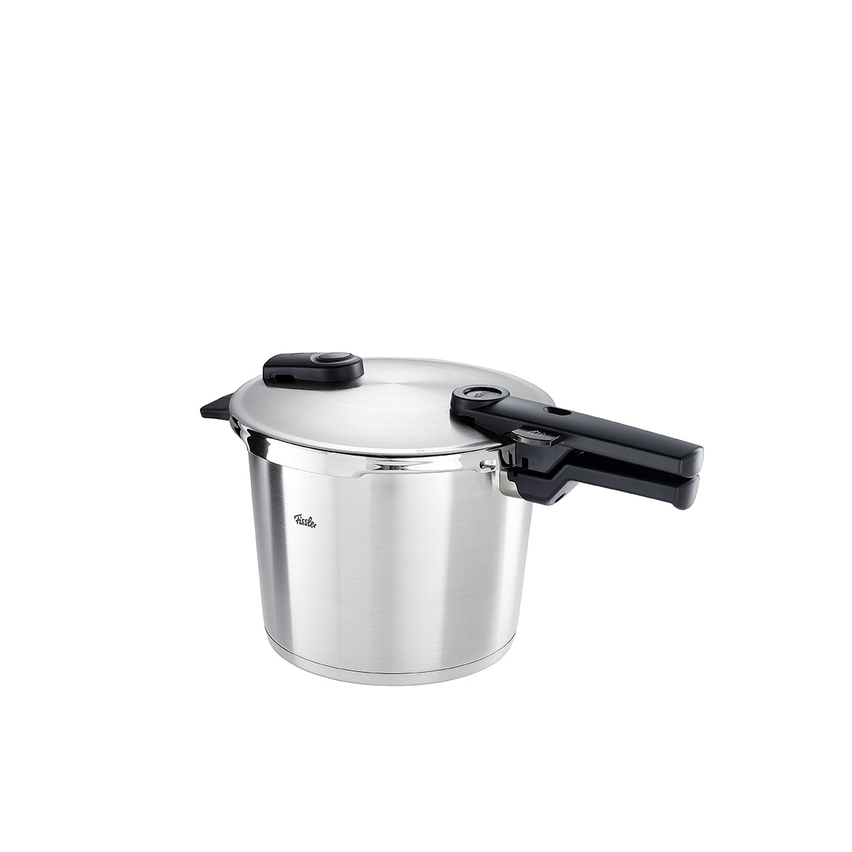 Fissler Vitaquick® Premium pressure cooker made of polished stainless steel, with a secure black handle. German engineering. White background.