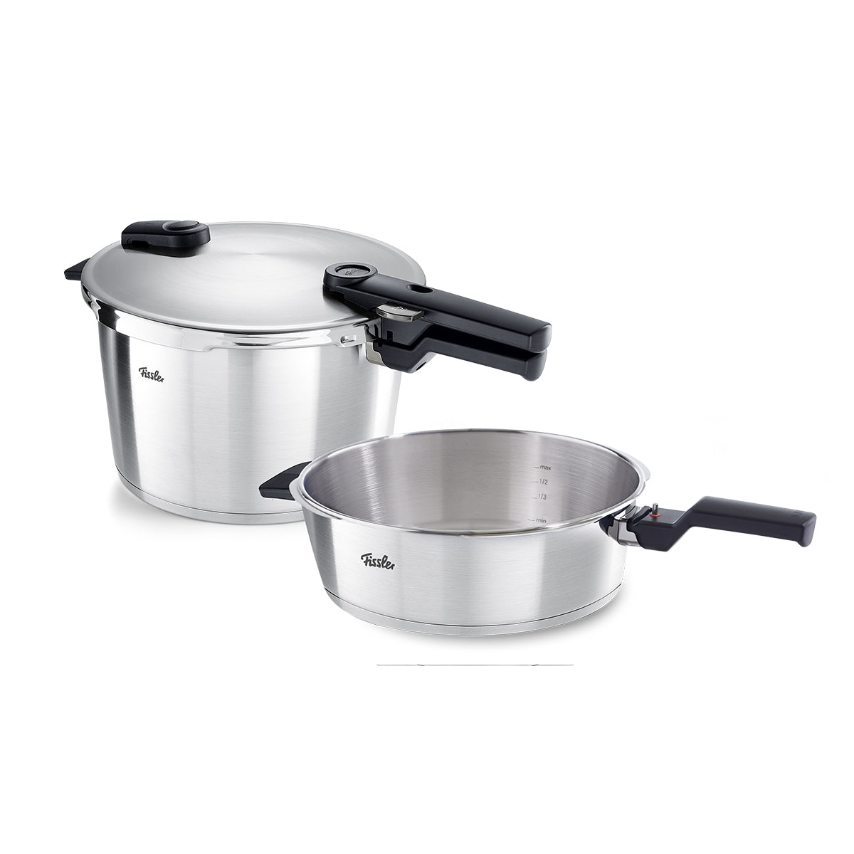 Fissler Vitaquick® Premium Set: two stainless steel pressure cookers (4 & 8L), black handles, German precision and durability.