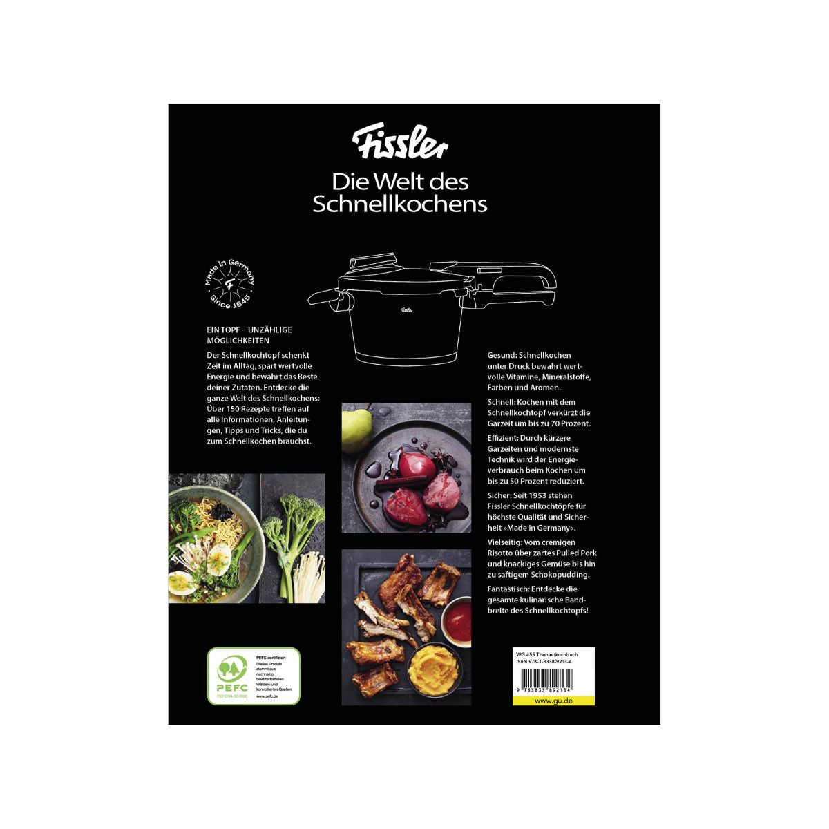 The simple black box for Fissler's book shows a pressure cooker, energy-saving tips, fresh ingredients, the Fissler logo, and certifications.