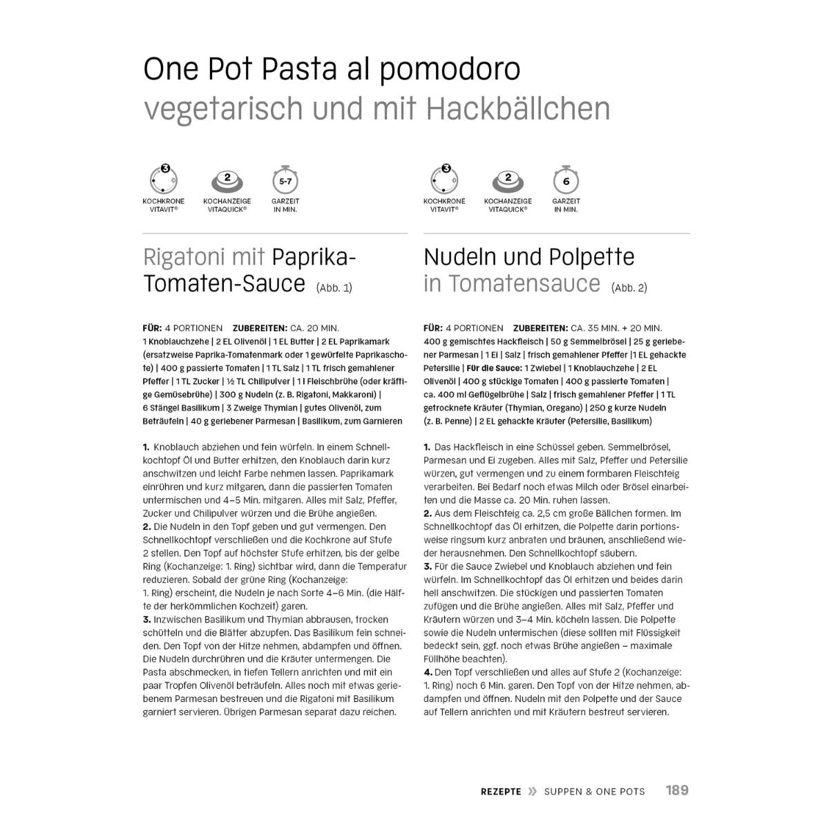 Fissler "World of Pressure Cooking": Two pasta recipes, family-friendly & quick, with icons - inspired by Fissler quality.
