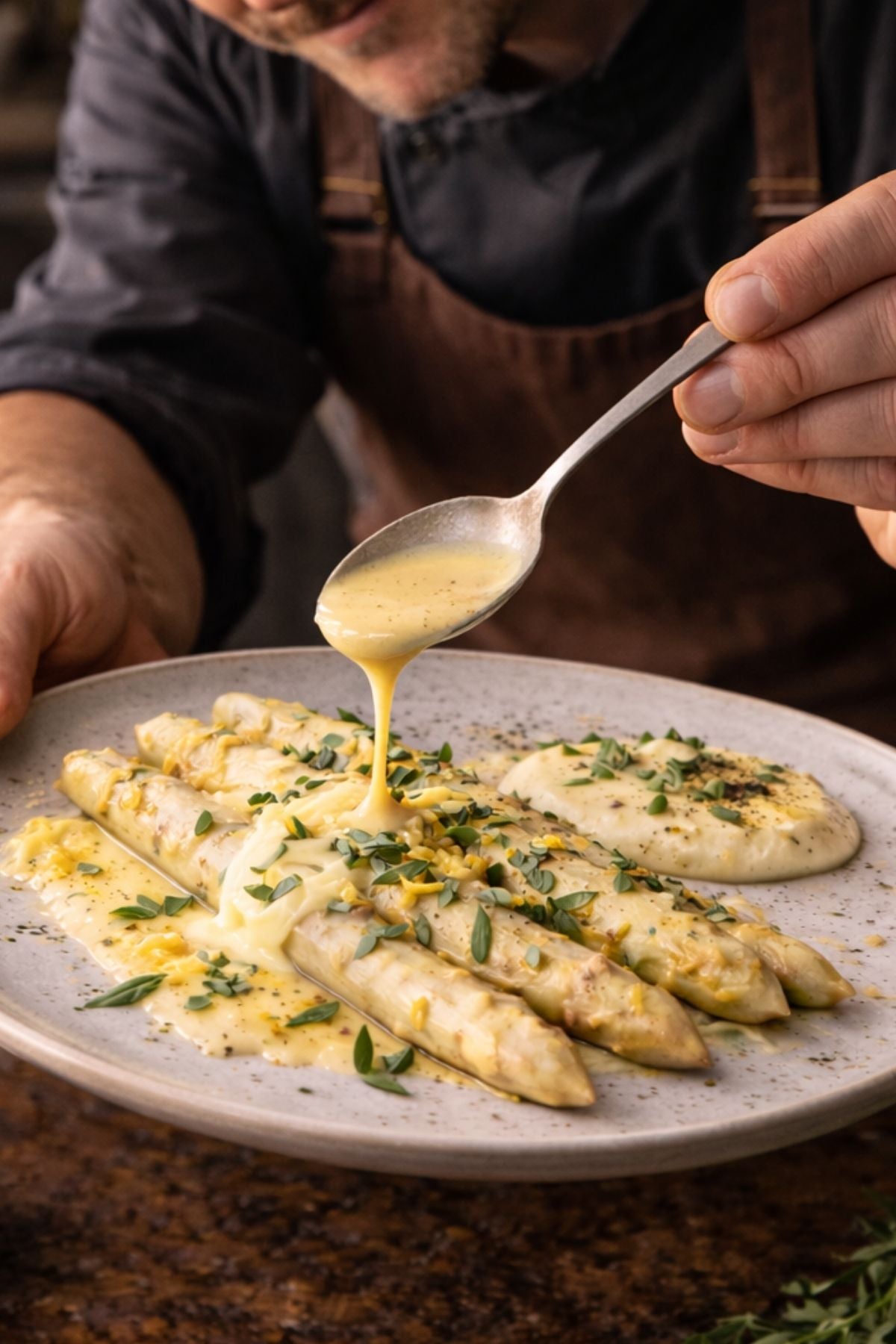 A chef pours sauce over white asparagus and mashed potatoes with Fissler cookware, showcasing precision and tradition.