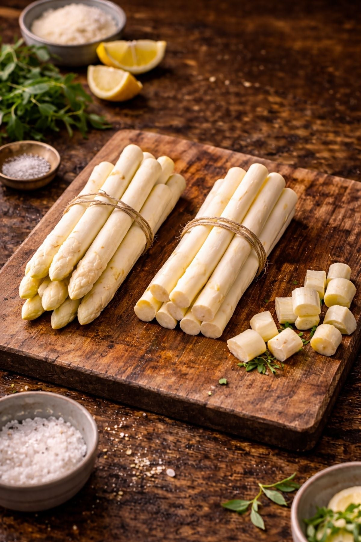 Fresh white asparagus on a wooden board, with bowls of salt, herbs, lemon, and cheese - perfect for Fissler cookware creations.