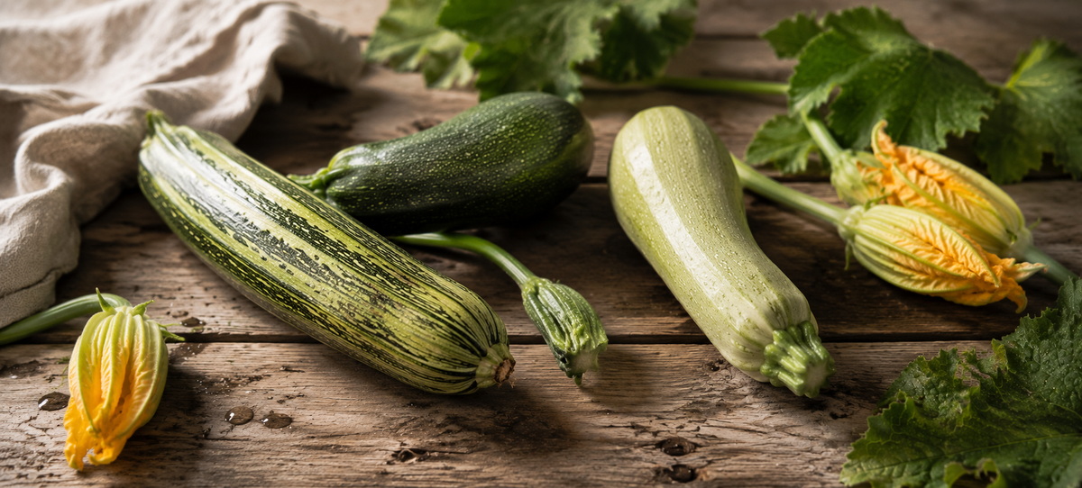 Verschiedene Zucchini und Kürbisblüten sind kunstvoll auf einem rustikalen Holztisch arrangiert, ergänzt durch frisches Grün und ein zartbeiges Tischtuch im Hintergrund – eine einladende Szene, die Fisslers Engagement für hochwertige Zutaten und zeitloses Küchendesign widerspiegelt.