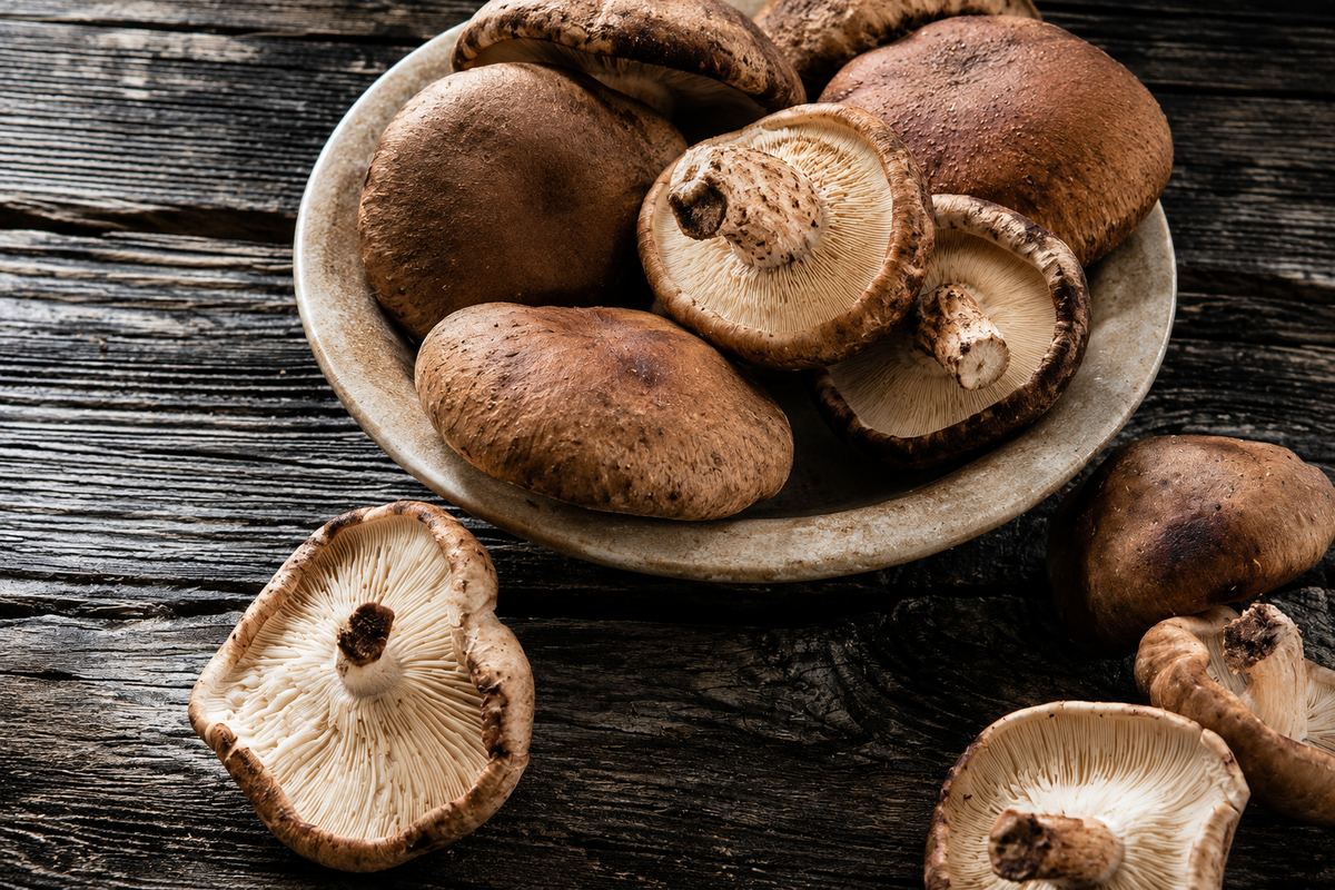 Ganze und halbierte Shiitake-Pilze sind elegant auf einem Keramikteller auf einem rustikalen Holztisch angerichtet, daneben liegen kunstvoll verstreut einige weitere Pilze. Das zeitlose Design dieser Szene spiegelt Fisslers Tradition präziser Handwerkskunst wider – eine perfekte Inspiration für die Zubereitung frischer Zutaten mit Fisslers hochwertigem Kochgeschirr aus Edelstahl und Küchenzubehör.