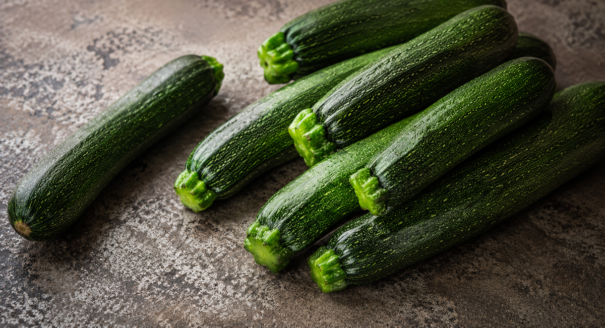 Eine Auswahl leuchtend grüner Zucchini liegt auf einer braun gesprenkelten Arbeitsplatte und unterstreicht, wie ideal sich diese frischen Zutaten für die Zubereitung in Fisslers präzise gefertigten Edelstahl-Kochgeschirren eignen. Eine Zucchini liegt etwas abseits – ein Beispiel für die Liebe zum Detail und die Qualität, die unsere in Deutschland hergestellten Küchenaccessoires und Kochutensilien seit 1845 auszeichnen.