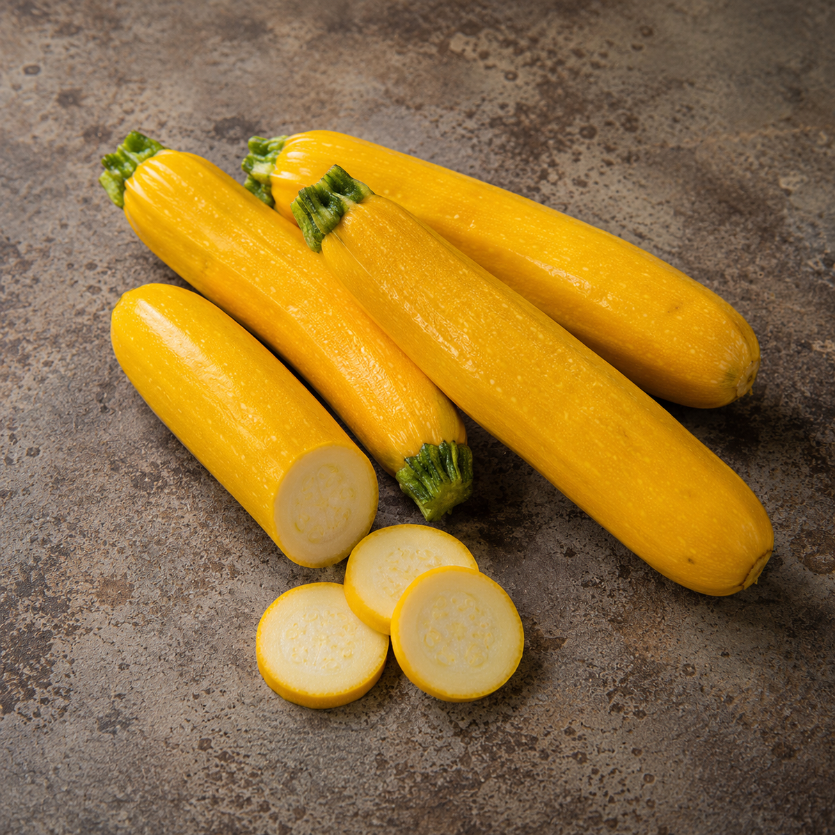 Vier ganze gelbe Zucchini liegen auf einer Steinplatte, wobei eine davon präzise aufgeschnitten wurde, um ihr helles Inneres zu zeigen. Davor sind drei sauber geschnittene Zucchini-Scheiben angeordnet, die die Frische und die hochwertigen Zutaten verkörpern – perfekt für die Zubereitung mit dem fachmännisch entwickelten Kochgeschirr von Fissler.