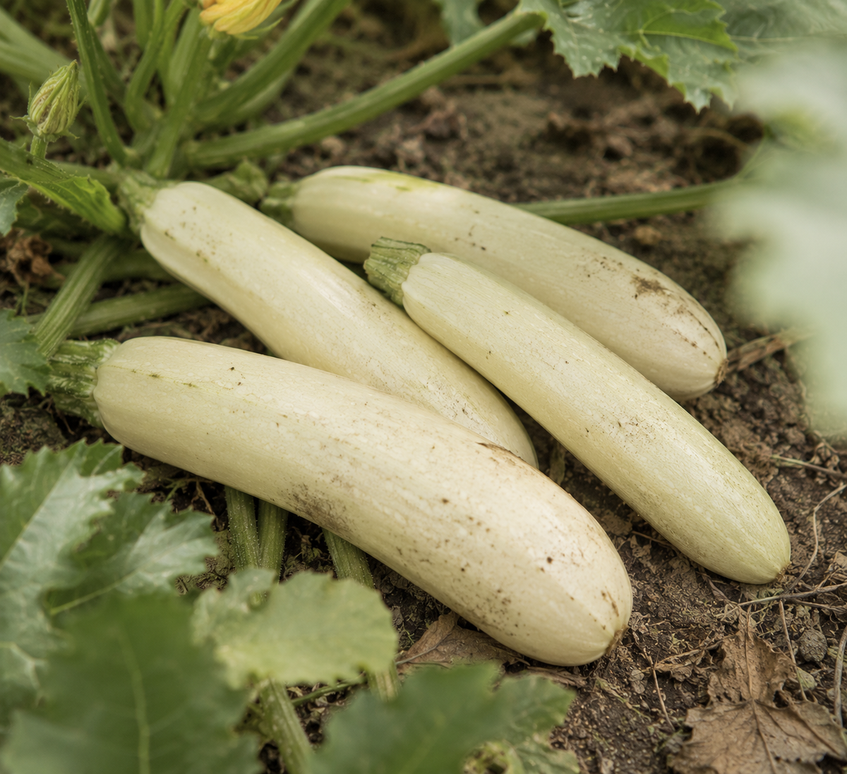 Vier blasse, hellgrüne Zucchini liegen frisch geerntet inmitten üppig grüner Blätter in einem Garten, noch an einigen Stielen hängend – eine einladende Darbietung natürlicher Zutaten, die nur darauf warten, mit dem präzise gefertigten Kochgeschirr von Fissler zubereitet zu werden.