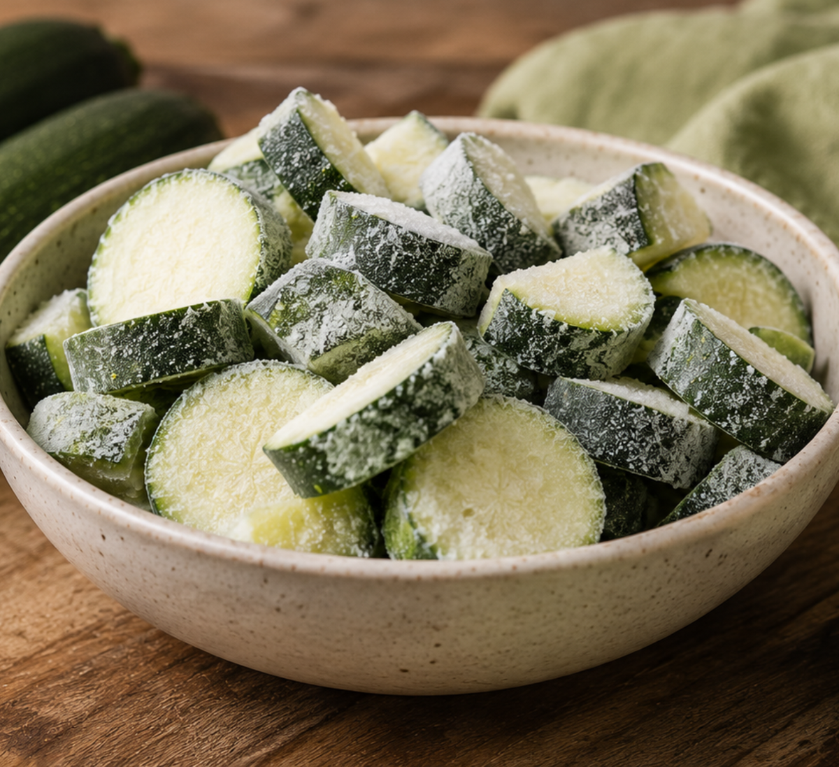 Auf einem Holztisch steht eine Keramikschüssel mit gefrorenen Zucchinischeiben, auf denen noch Frostspuren zu sehen sind. Im Hintergrund ergänzen ein grünes Tischtuch und frische, ganze Zucchini das Bild. Verleihen Sie Ihren Küchenmomenten mit der bekannten Präzision von Fissler das gewisse Etwas – von handgefertigtem Kochgeschirr bis hin zu zeitlosen Accessoires –, bei denen Qualität und Innovation auf jede Zutat treffen.