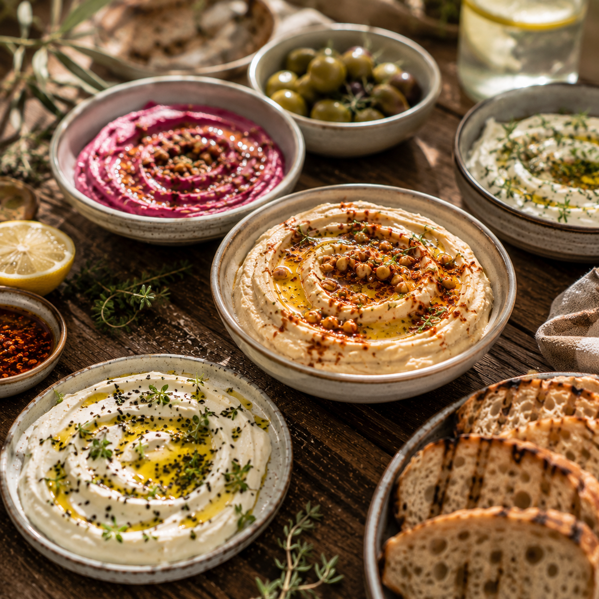 Ein rustikal gedeckter Tisch zum gemeinsamen Genießen, auf dem Schalen mit Hummus, Rote-Bete-Dip, Oliven und Labneh kunstvoll mit frischen Kräutern und Gewürzen garniert sind. Zitronenschnitze, Brotscheiben und ein Glas Wasser mit Zitrone runden das einladende Buffet auf den sonnenbeschienenen Holzbrettern ab. Hochwertiges Fissler-Kochgeschirr aus Edelstahl bringt deutsche Handwerkskunst in die Zubereitung ein – zeitloses Design und präzise Technik machen jedes Detail zu einem Fest der Aromen.