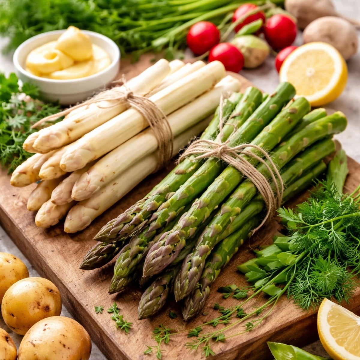 Weißer und grüner Spargel auf einem Holzbrett, daneben frisches Gemüse und Fissler-Edelstahl-Kochgeschirr.