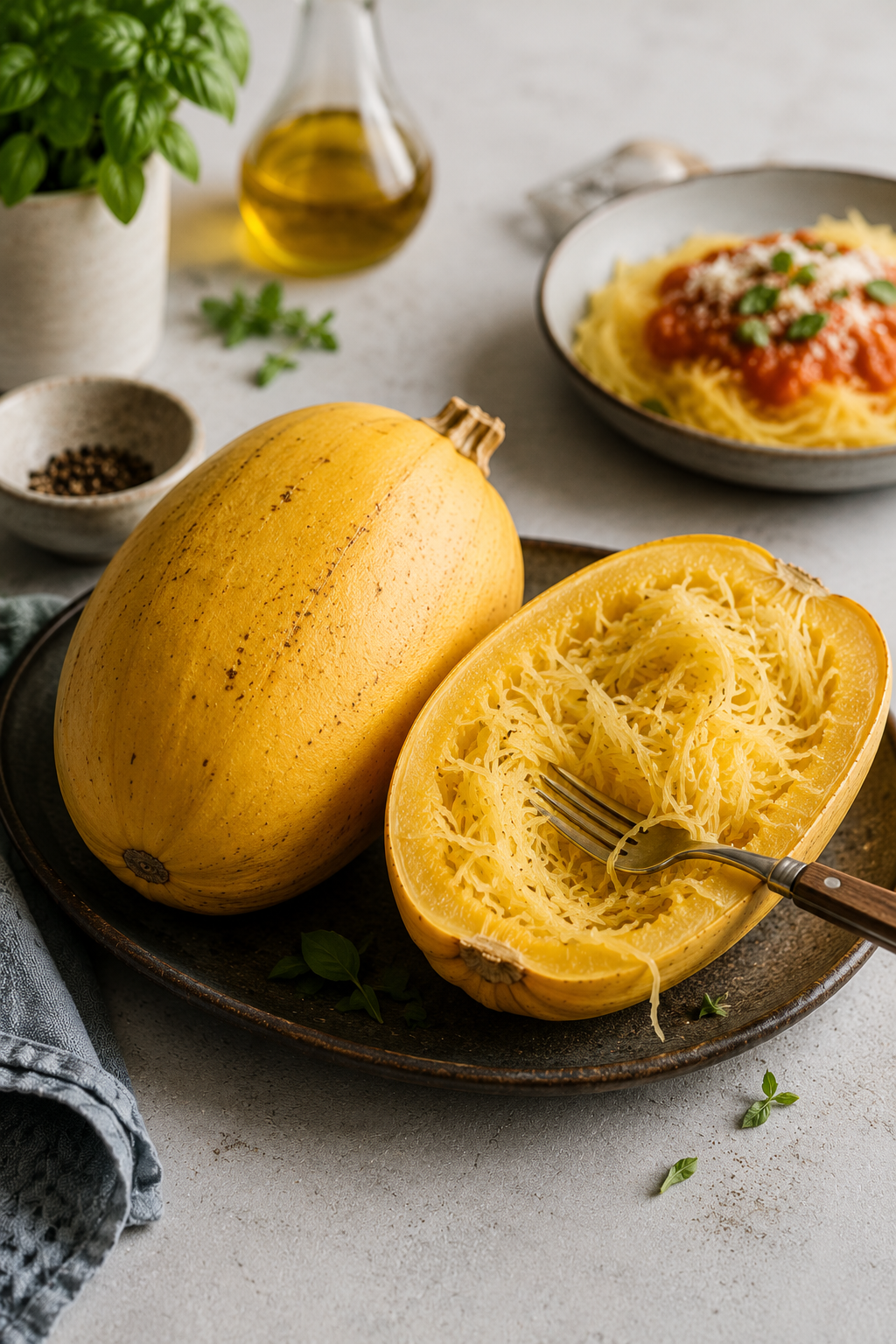 Auf einem Fissler-Teller sind ein ganzer Spaghettikürbis und ein halbierter Spaghettikürbis mit zarten, gegabelten Strängen angerichtet. Im Hintergrund präsentiert eine Fissler-Schüssel Spaghettikürbis mit Marinara-Sauce, frischem Basilikum und fein geriebenem Käse – ein Beispiel für präzise geschnittene Zutaten, die die Qualität des Fissler-Kochgeschirrs unterstreichen.