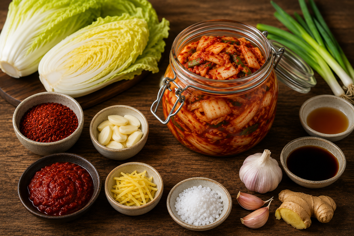Ein Glas hausgemachtes Kimchi steht im Mittelpunkt auf einem Holztisch, umgeben von Chinakohl, Frühlingszwiebeln, frischem Knoblauch, Ingwerwurzel, roten Chiliflocken, Salz, Fischsauce, Sojasauce, Chilipaste und zusätzlichen Ingwerscheiben – Zutaten, die bereit sind, mit dem präzisionsgefertigten Edelstahl-Kochgeschirr von Fissler zubereitet zu werden.