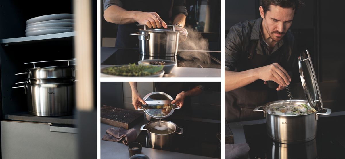 Eine Bildcollage, die das in Deutschland entwickelte Kochgeschirr von Fissler in den Mittelpunkt rückt. Links: Ein Set aus Fissler-Edelstahltöpfen, bekannt für ihre Langlebigkeit und präzise Verarbeitung, ordentlich gestapelt in einem Küchenschrank. Oben in der Mitte: Ein Fissler-Topf mit innovativem Deckeldesign, aus dem auf dem Herd sichtbar Dampf aufsteigt – ein Beweis für hervorragende Wärmespeicherung. Unten in der Mitte: Flüssigkeit wird gekonnt aus einem Fissler-Edelstahltopf abgesiebt, was die