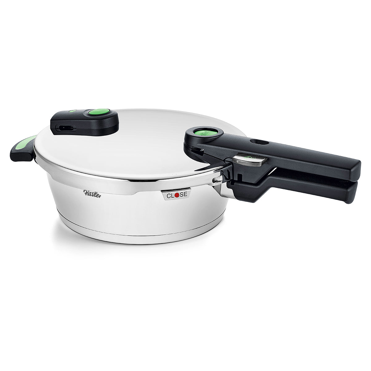 Fissler Vitaquick® Grün: Premium-Edelstahl-Schnellkochtopf, schwarzer Griff/Deckel, grüne Knöpfe, Fissler-Logo, CLOSE-Etikett.