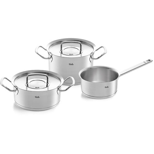 Fissler Original-Profi Collection® 3-teiliges Set aus Edelstahl: 2 Töpfe mit Deckel, 1 Stielkasserolle mit langem Stiel. Ikonisches deutsches Design.