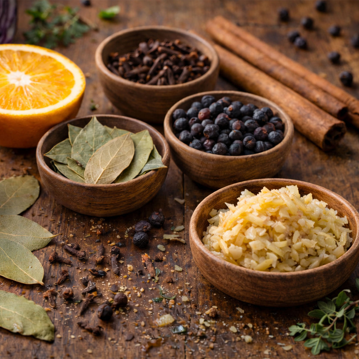 Auf einem Holztisch sind Gewürze und Orangen kunstvoll arrangiert, bereit für die Verwendung mit dem präzisionsgefertigten Kochgeschirr von Fissler.