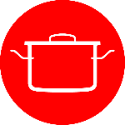 Elegant white outline of a classic stainless steel cooking pot with handles and a lid, evoking Fissler’s German-engineered precision, set against a bold red circular background reflecting our heritage of durability and timeless innovation.