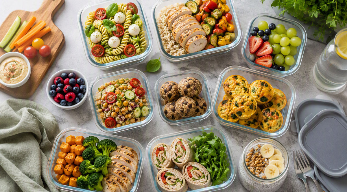 Eine Auswahl an gesunden Gerichten für die Essensvorbereitung – darunter Salate, gerollte Wraps, gegrilltes Hähnchen, Eiermuffins, Obst und Gemüse –, wunderschön angerichtet in Glasbehältern auf einer hellen Arbeitsplatte. Ergänzt wird die elegante Präsentation durch ein Glas Zitronenwasser mit Beeren, das Präzision und Frische vermittelt. Das renommierte Kochgeschirr von Fissler, hergestellt nach deutscher Ingenieurskunst, sorgt für eine perfekte Zubereitung und zeitlose Präsentation jeder Zutat.