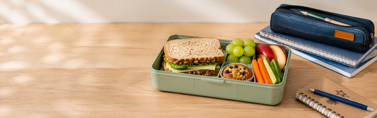 Eine sorgfältig zusammengestellte Lunchbox mit einem frischen Sandwich, grünen Weintrauben, Möhren- und Selleriestangen sowie einem Heidelbeermuffin steht elegant neben Notizbüchern, einem Kugelschreiber und einem blauen Federmäppchen auf einem Holztisch – eine einladende Präsentation, die Fisslers Engagement für hochwertige Handwerkskunst und zeitloses Design widerspiegelt.