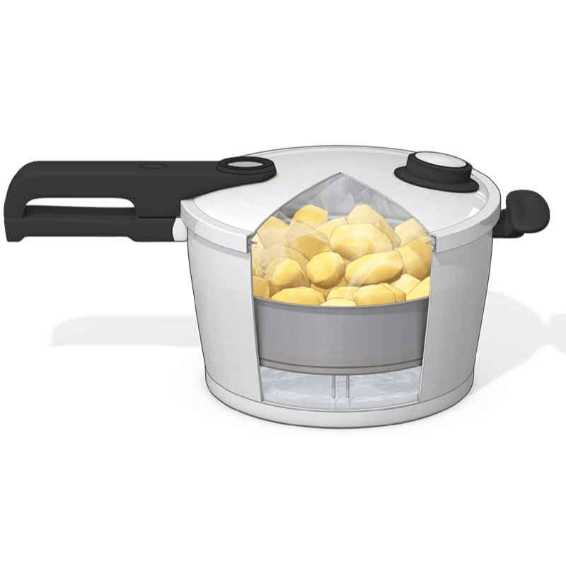 Die Abbildung eines Fissler-Schnellkochtopfs mit einem Ausschnitt zeigt geschnittene Kartoffeln in einem Dampfkorb über dem Wasser und demonstriert deutsche Ingenieurskunst.