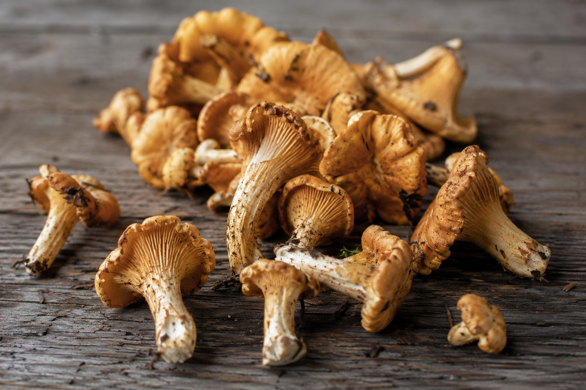 Frische Pfifferlinge mit leuchtend gelb-orangefarbenen Hüten und charakteristischen geriffelten Stielen sind kunstvoll auf einer rustikalen Holzunterlage angerichtet und warten darauf, mit dem präzisionsgefertigten deutschen Kochgeschirr von Fissler fachmännisch zubereitet zu werden.