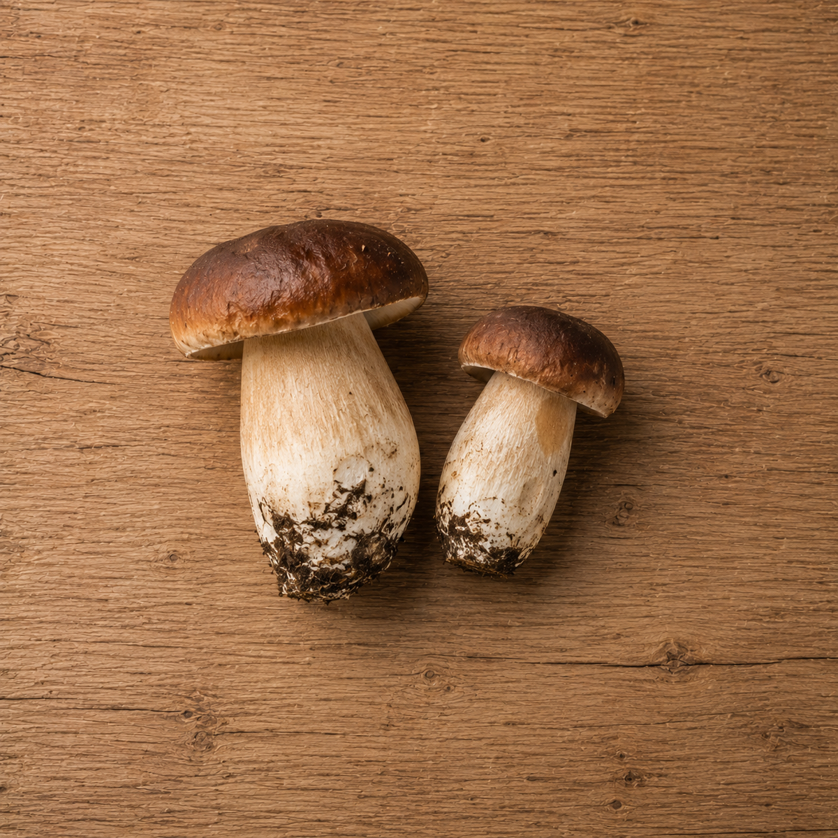 Zwei frische Steinpilze mit braunen Hüten und dicken weißen Stielen liegen auf einer hochwertigen Holzunterlage, die ihre natürliche Frische unterstreicht – ideal für die Zubereitung von Gourmetgerichten mit dem präzisionsgefertigten Edelstahl-Kochgeschirr von Fissler. An den Stielansätzen haftet noch etwas Erde, was ihre authentische Qualität und Frische unterstreicht.
