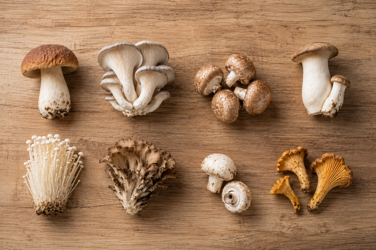 Acht hochwertige Pilzsorten – Champignons, Austernpilze, Enoki, Maitake, Cremini, Königsoysterpilze, weiße Champignons und Pfifferlinge – in zwei Reihen auf einer Holzunterlage angeordnet. Perfekt vorbereitet für die Zubereitung von Gourmetgerichten mit dem präzisionsgefertigten Kochgeschirr von Fissler.