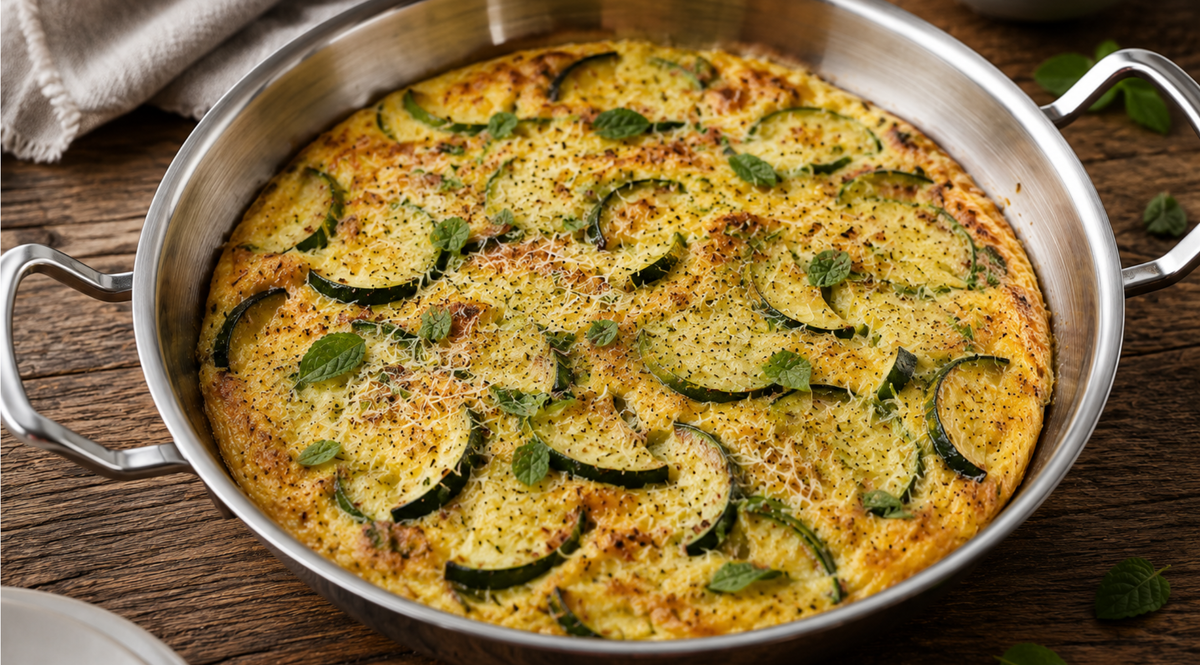 Eine herrlich gebackene Zucchini-Frittata, garniert mit frischen Kräutern, wird in einer hochwertigen Fissler-Edelstahl-Auflaufform auf einem Holztisch präsentiert – und unterstreicht damit das zeitlose Design und die außergewöhnliche Handwerkskunst von Kochgeschirr aus deutscher Fertigung.