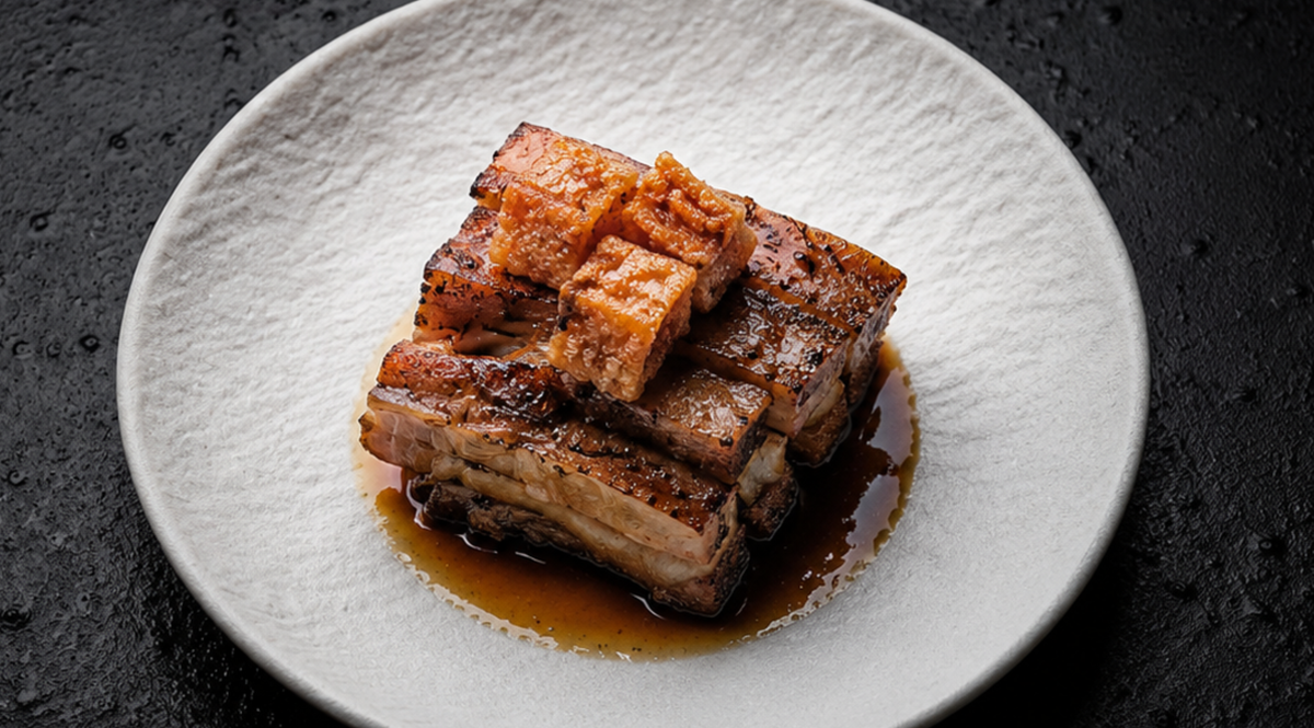 Golden, crispy slices of roast pork belly are artfully arranged on a white plate with a rich brown sauce beneath, beautifully presented atop a dark textured surface. The perfectly rendered crackling and succulent layers of meat highlight the exceptional results achievable with Fissler’s precision-engineered cookware, designed for outstanding performance and timeless presentation in your kitchen.