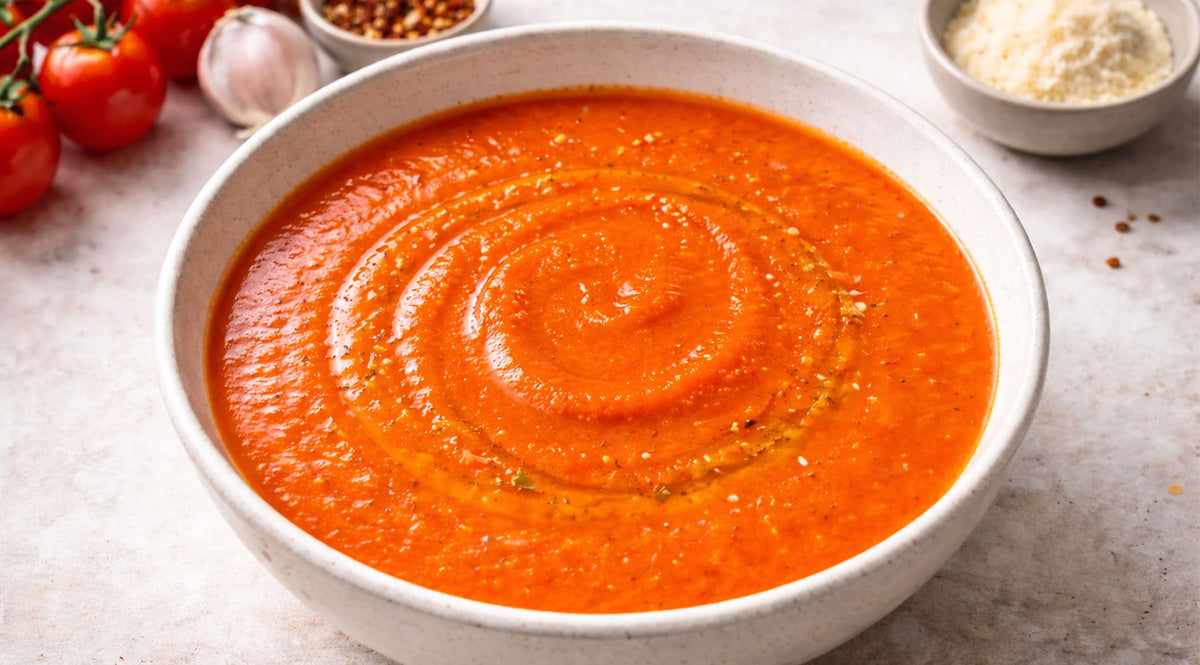 Eine Schüssel mit cremiger Tomatensuppe mit Strudel, serviert im Fissler-Kochtopf, umgeben von Tomaten, Knoblauch, Käse und Gewürzen.