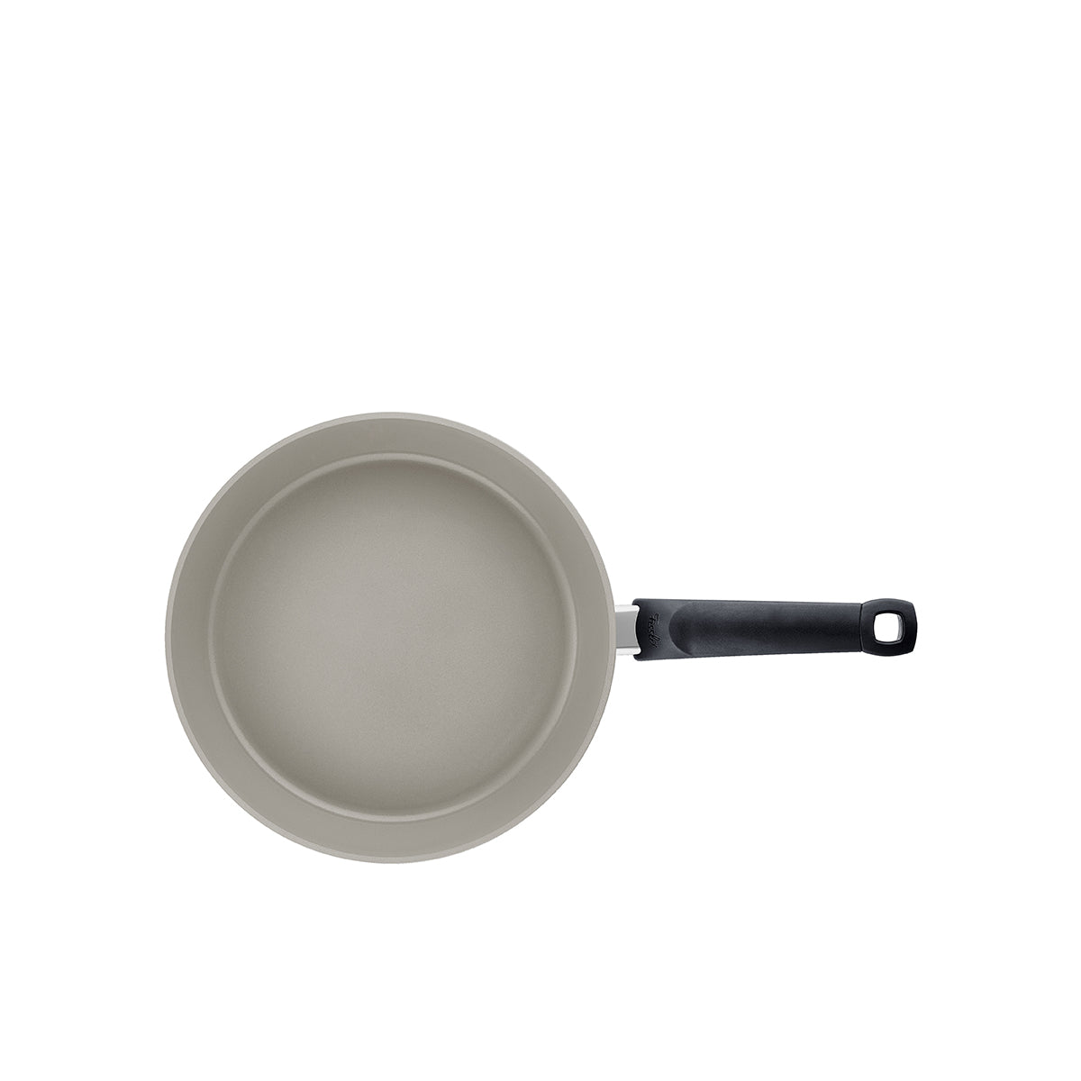 Draufsicht auf die Fissler Ceratal® Comfort Pfanne 26cm mit Glasdeckel, hellgrauer Keramikbeschichtung, schwarzem Griff. Modern & hergestellt in Deutschland.