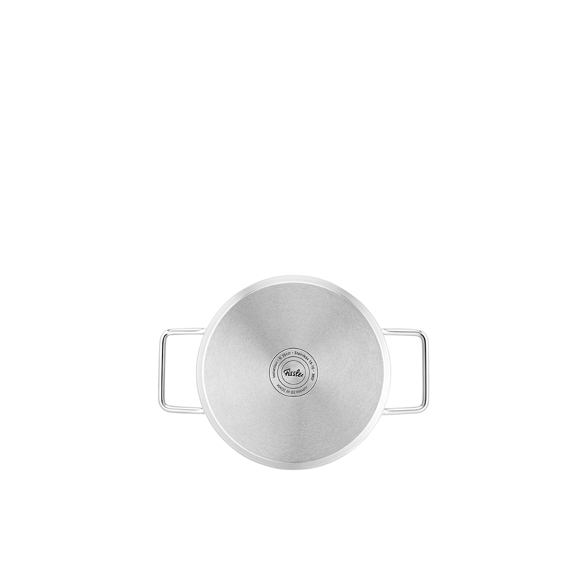 Top view of the 4-piece Fissler Pure Collection® Cookware Set with glass lids, German engineering quality on a white background.