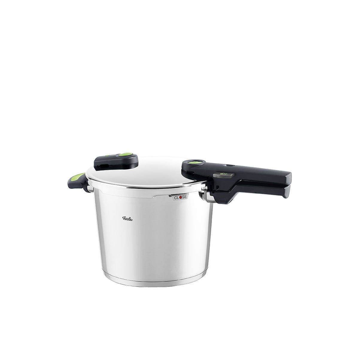 Fissler Vitaquick® Green Schnellkochtopf: Präzisionsgefertigter Edelstahl, schwarzer Griff, Sicherheitsverschluss. Modernes, zeitloses Design.